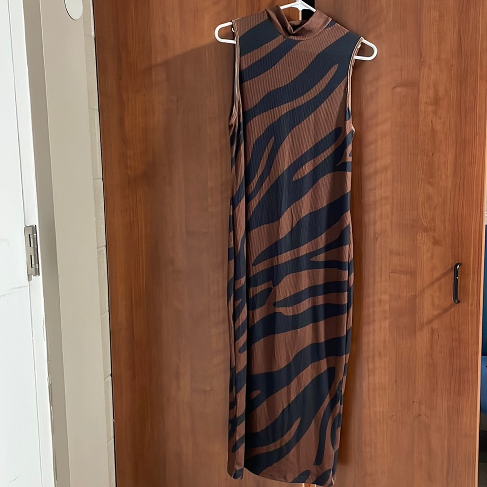 Tiger/Zebra Print Mock Neck Midi Dress